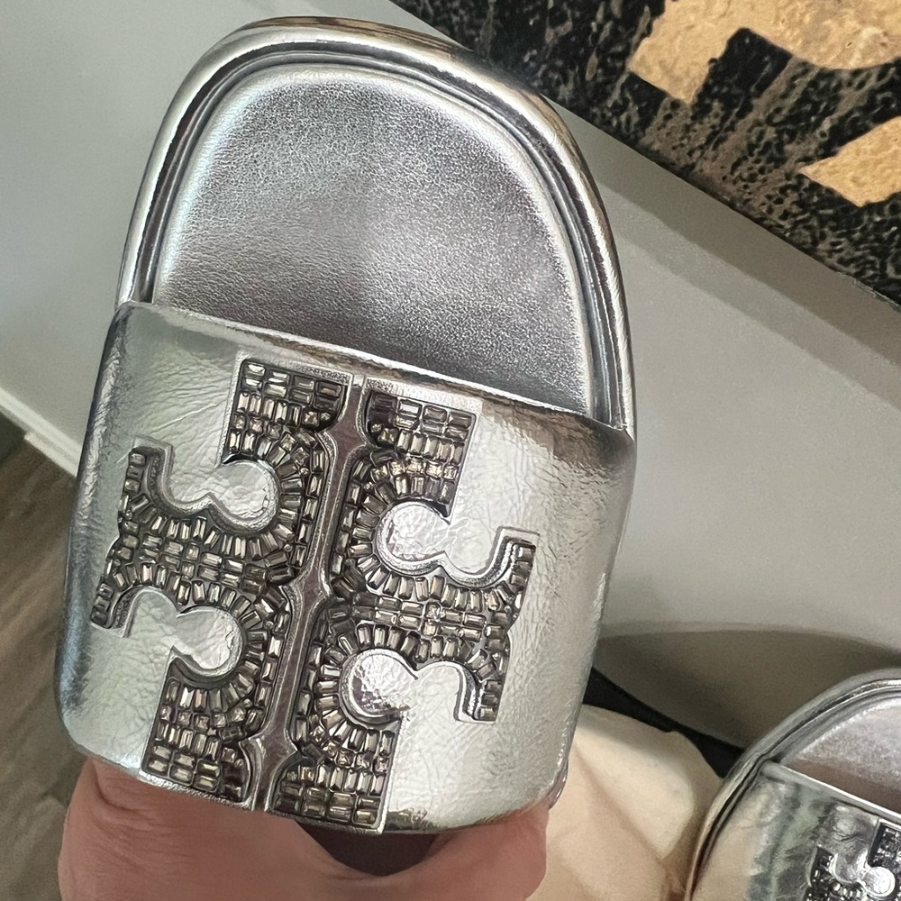 Tory Burch Crystal Double T slide Metallic Silver Sandals - Picture 7 of 9